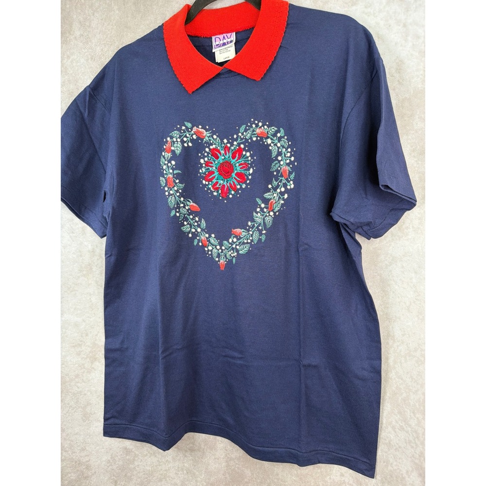 NWOT VTG 80s Day Break Embroidered Floral Heart  Singlestitch Faux Collar Size L - Picture 2 of 7